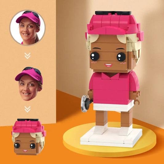 Customisable head female tennis player personalised brick figure — full-standing small particle block toy in eco-friendly ABS with customised hairstyle and facial expression; ideal personalised face gift and custom head brick figure.
