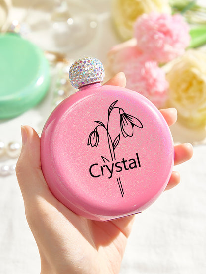Personalised Birth Flower Name Glitter Flask - 5oz Engraved Gift for Her