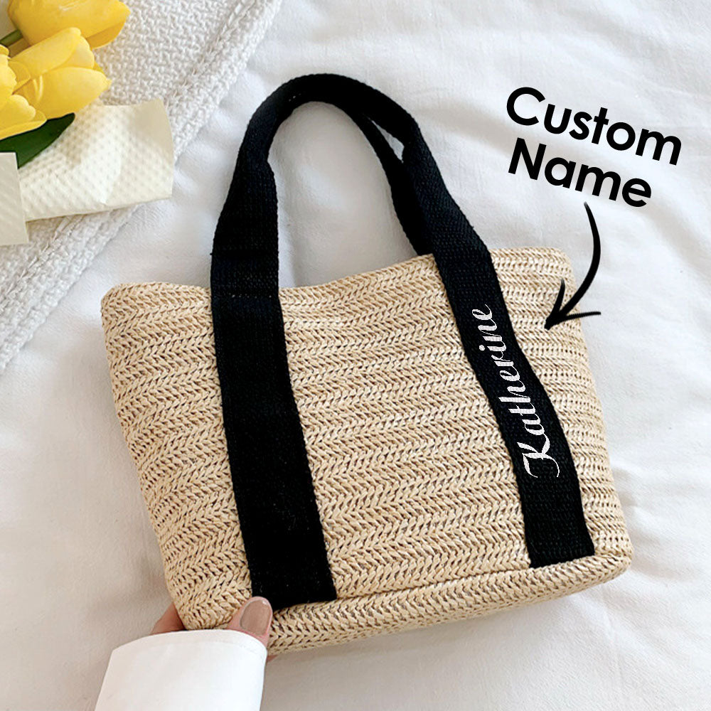 Personalised beach straw tote with custom name on the front — handcrafted fibre bridesmaid and bridal shower bag, 30cm x 20cm