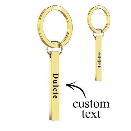 Personalised 3D stainless steel bar keychain engraved with a scannable Spotify music code and custom text — black finish