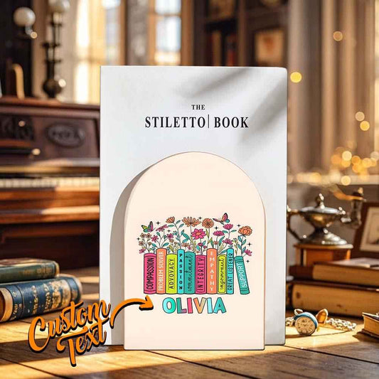 Personalized Wood Bookends with Name Floral Bookend Back to School Appreciation Gift for Teacher