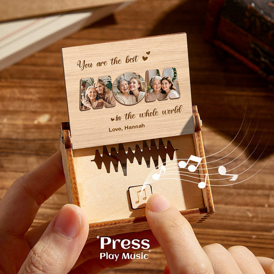 Personalised wooden music box with custom photo on the front and optional engraved text — voice recording MP3 keepsake, ideal Mother's Day or anniversary gift