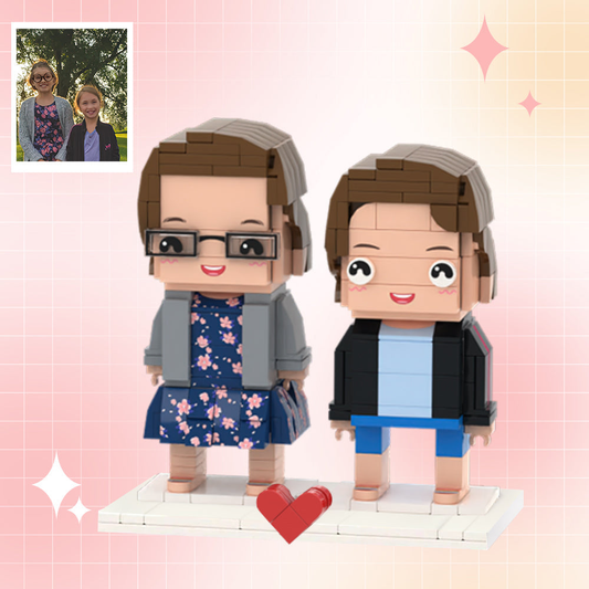 Pair of personalised custom brick figures – two-person full-body gift set showing detailed hairstyles, facial expressions and clothing patterns; ideal personalised couple keepsake