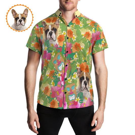 Personalised pet-face Hawaiian shirt, custom floral beach shirt with pet photo printed on short-sleeve button-up in vibrant heat-transfer colours
