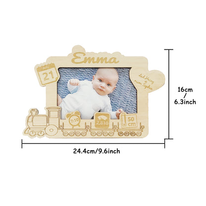 Rear view of personalised wooden baby photo frame with sturdy ladder bracket and 3M adhesive for secure wall mounting