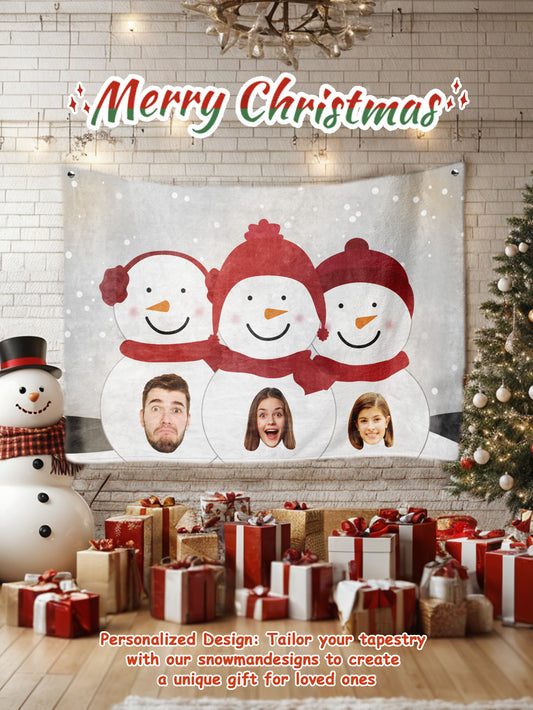 Personalised Photo Tapestry featuring a snowman wall hanging with 1–6 custom faces on the belly, in soft peach skin velvet.