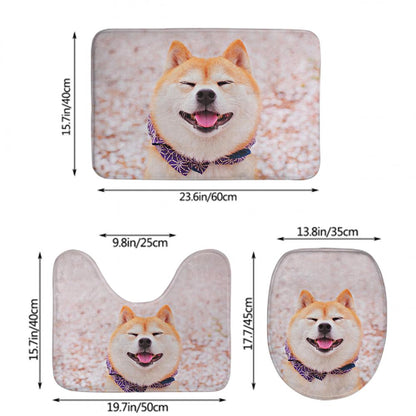 Custom photo U-shaped mat and matching rectangular rug beside a basin — personalised bath rugs in 100% polyester flannel with high-definition colour