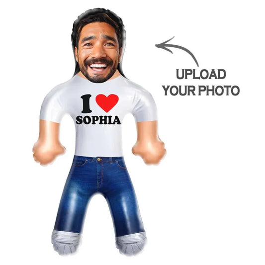 Close-up of a high-resolution custom photo printed on the inflatable doll, showcasing the personalised gift concept.