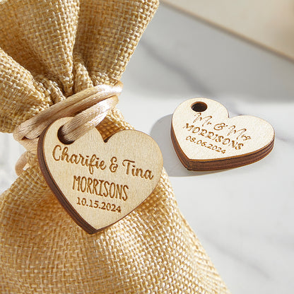 Personalised Wooden Heart Gift Tags - Engraved Wedding Favours for Guests