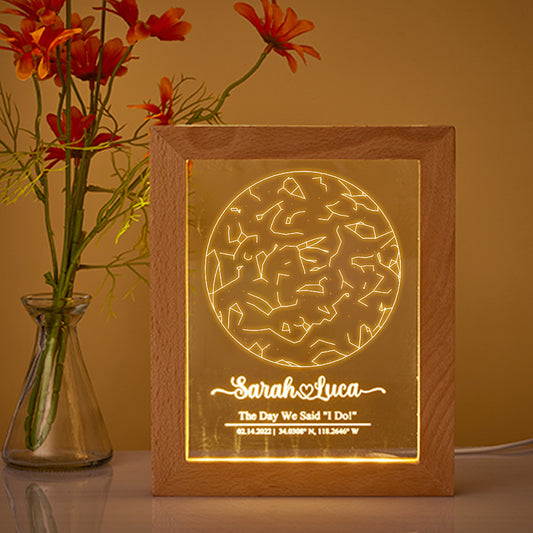 Custom engraved star map personalised constellation night light in a solid wood frame — acrylic plaque etched with star map, photo and custom text, warm LED bedside lamp