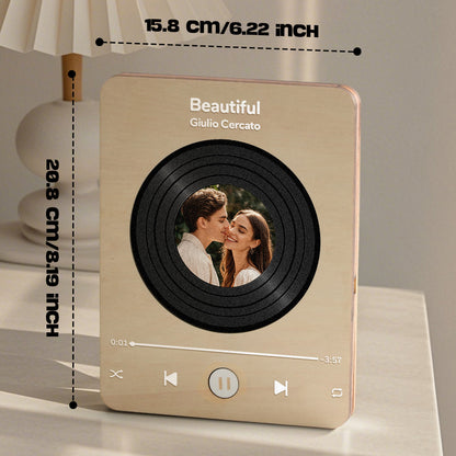 Size comparison of personalised wooden music player on a shelf — compact 15.8cm x 20.8cm vintage decor piece