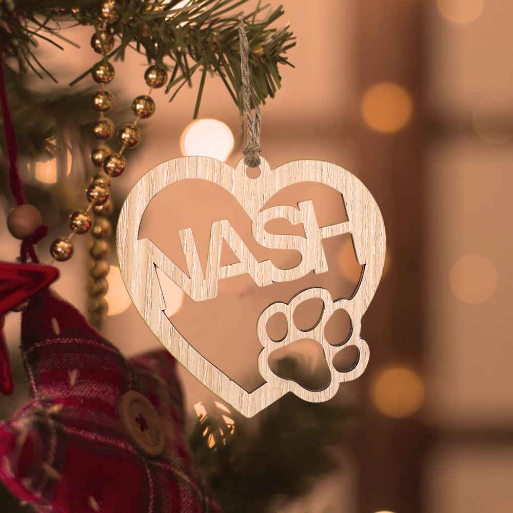 Personalized Wood Heart Dog Paw Name Christmas Ornament