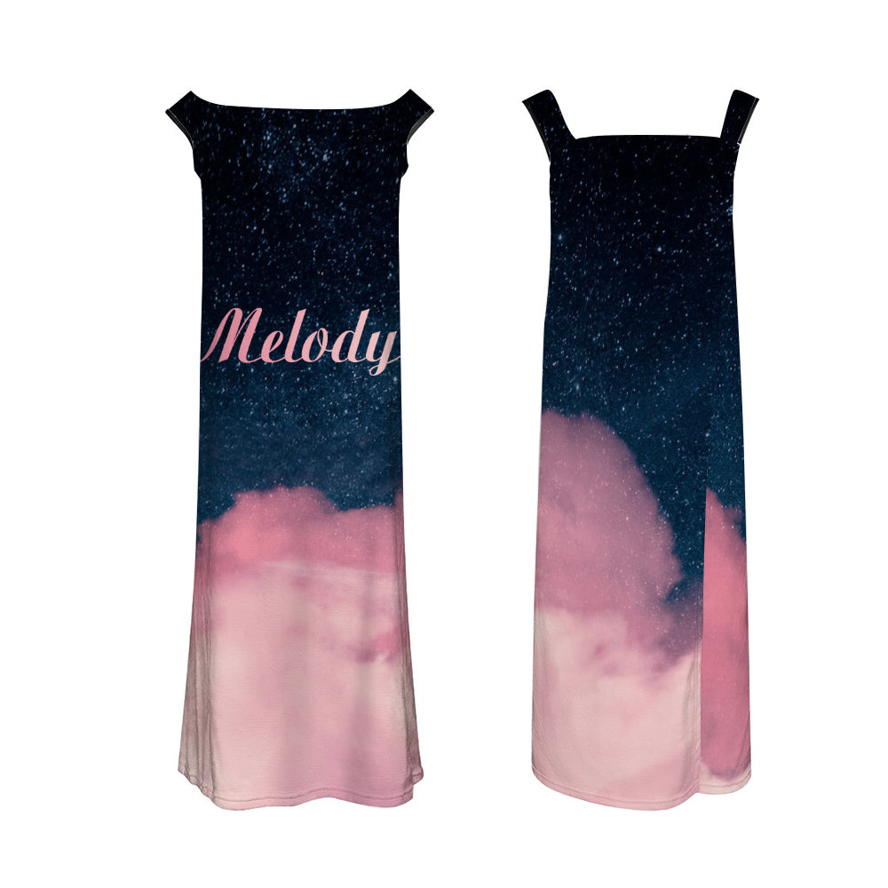 Model wearing personalised pink clouds wrap towel dress demonstrating shoulder strap fit, full coverage and beach towel wrap styling