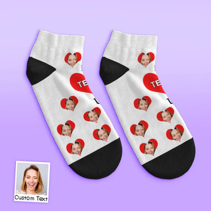 Pair of personalised 'I Love U Mum' ankle socks on model feet, showcasing fit and low-cut silhouette for casual wear