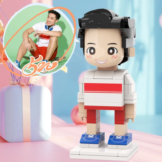 Front view of full‑body customised one‑person Duddu brick figure in Light Nougat skin — personalised birthday gift for him