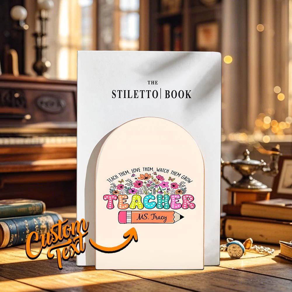 Personalised Wood Bookends with Name Engraving - Floral Pencil Teacher Gift