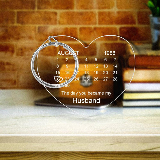 Personalised clear acrylic calendar keyring with photo and highlighted date ideal anniversary keepsake and photo keyring