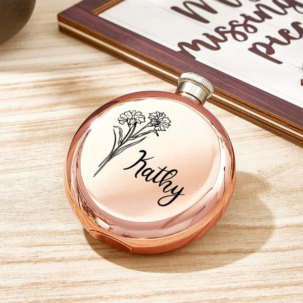 Personalised Name Flask with Birth Flower - Custom Bridesmaid Gift
