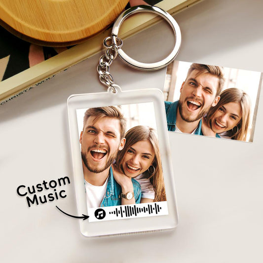Personalised scannable music keychain – clear engraved acrylic keyring with scannable code and metal ring, custom memorial song keyring for UK & AU