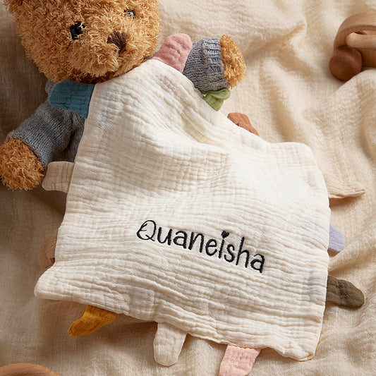 Personalised baby comfort towel with embroidered name – soft cotton lovey, 23 x 23 cm front view