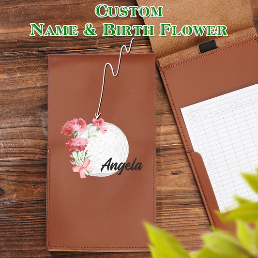 Personalised birth flower PU leather golf scorecard holder with name engraving, front view — birthday gift for golfer