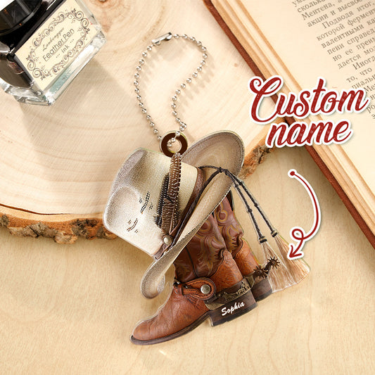 Close-up of the custom name text area on the Personalised Cowboy Rearview Mirror Charm.