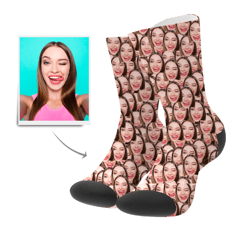 Custom Face Mash Socks – personalised photo socks showing a pair of white ankle socks printed with multiple faces, soft breathable fabric, ideal gift for birthdays, Mother's Day and Valentine’s (UK & Australia)