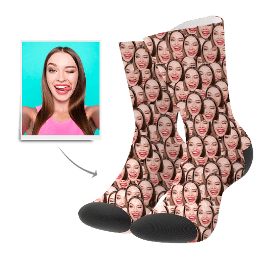 Custom Face Mash Socks – personalised photo socks showing a pair of white ankle socks printed with multiple faces, soft breathable fabric, ideal gift for birthdays, Mother's Day and Valentine’s (UK & Australia)