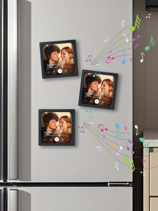 Personalised Photo Music Fridge Magnet featuring a custom family photo and play button that plays your chosen song keepsake