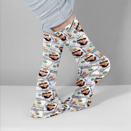 Personalised Face Dollar Socks — pair of custom photo socks with dollar-print background on white studio backdrop, ideal personalised socks gift for men, women and kids