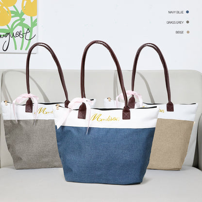 Durable canvas bridesmaid tote with long handles for comfortable carry — personalised gift bag for bachelorette and weekend use