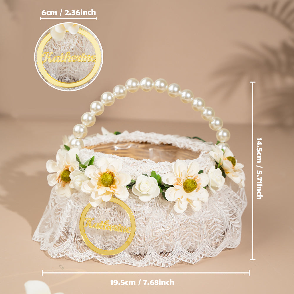 Personalised Handmade Rattan Flower Girl Basket with Name & Pearl Handle - Wedding Gift