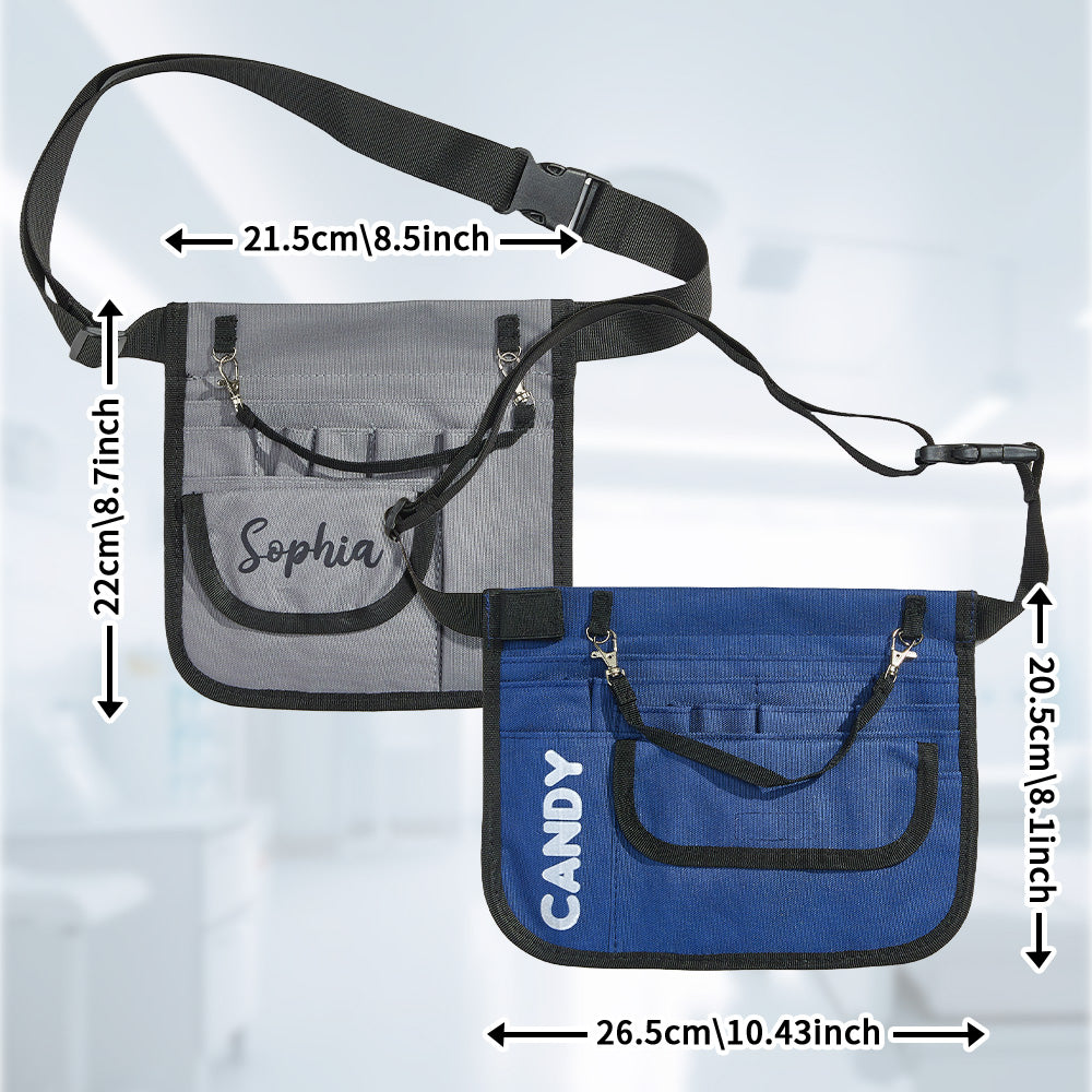 Group shot of personalised nurse fanny packs in different colours with personalised text options — ideal staff gifts for nurses and doctors