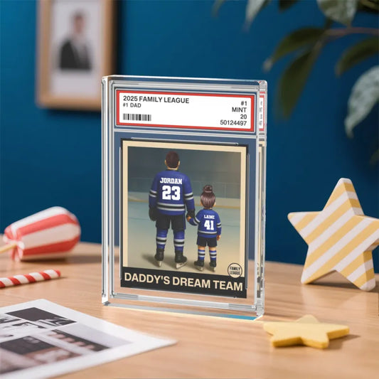 Close-up of the personalised hockey plaque showing the trading card style on clear acrylic for a dad gift.