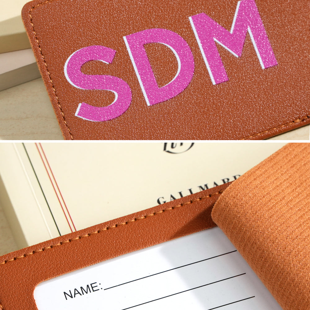 Set packaged as a bridal party gift box — personalised travel accessories gift set with monogrammed passport holder and luggage tag