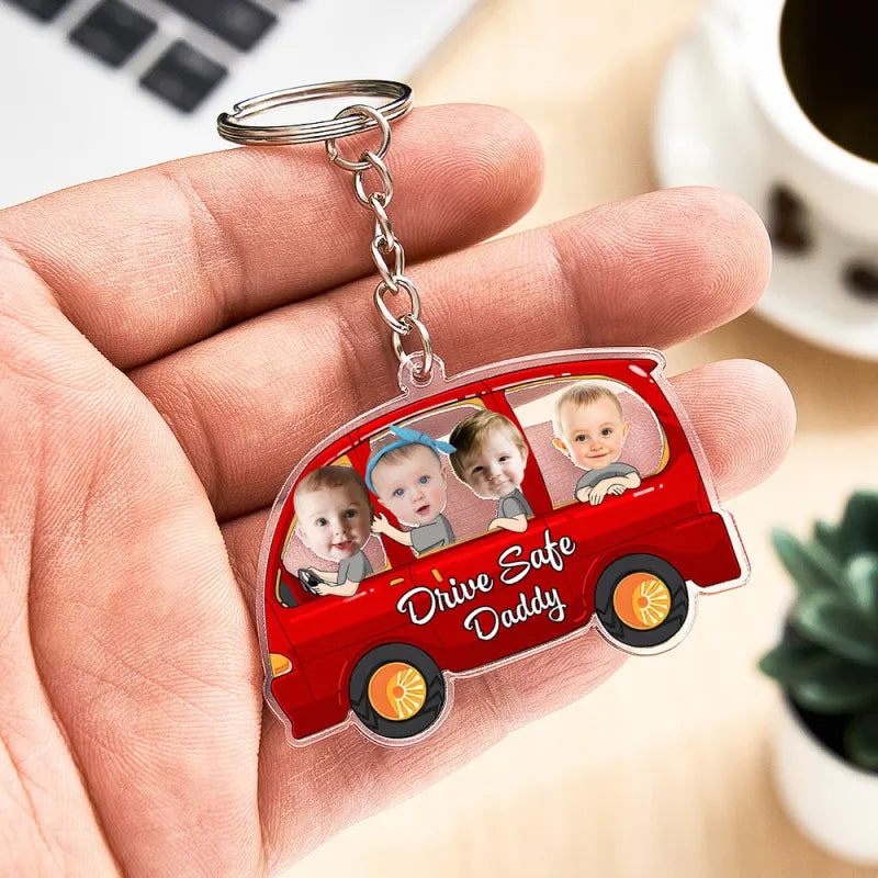 Personalised Drive Safe keyring — Style D four-kids acrylic keychain, bespoke family keepsake for Father's Day or birthday