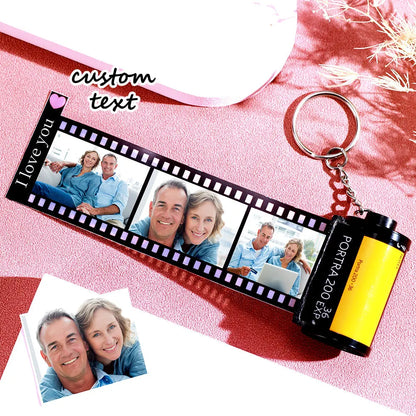 Compact personalised film roll keychain next to a ruler — size 25×100mm, easy to carry on keys