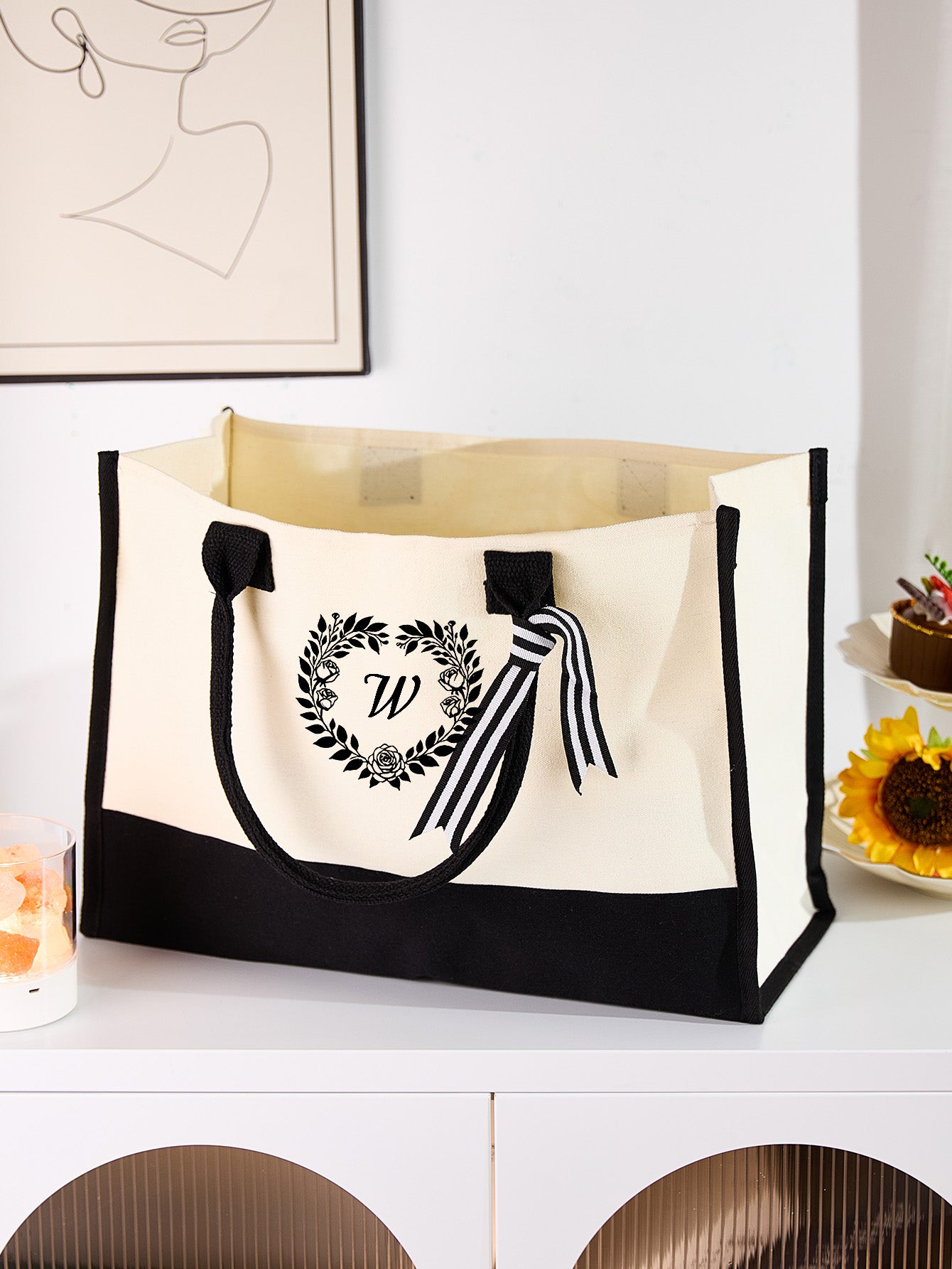 Back view of personalised canvas tote showing plain neutral canvas design that complements wedding palettes and casual wear