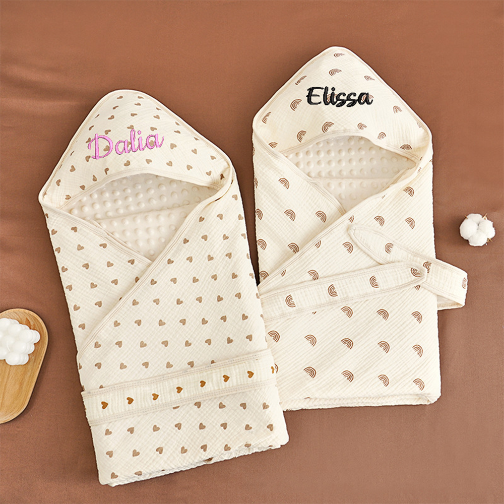 Personalised baby swaddle blanket with embroidered name in 100% soft cotton, 90cm square for newborns; breathable, cosy nursery keepsake