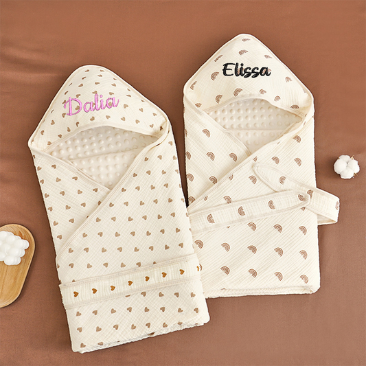 Personalised baby swaddle blanket with embroidered name in 100% soft cotton, 90cm square for newborns; breathable, cosy nursery keepsake