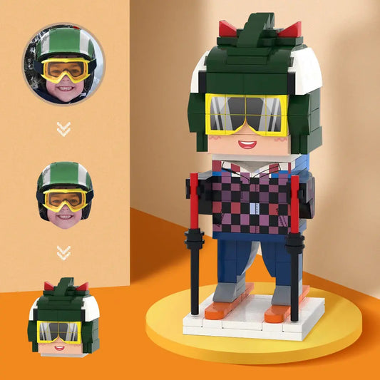Custom Brick Figure Skier – front view of a personalised head design with hairstyle and facial expression on a fixed skier pose brick figure (photo-based gift).