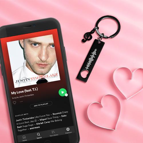 Engraved stainless steel 3D bar keyring with scannable Spotify music code, personalised Spotify code keyring in polished corrosion‑resistant finish — custom scannable music code keychain