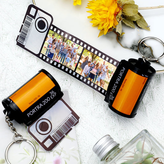 Personalised Camera Film Roll Keyring displaying five custom photographs – recycled multiphoto keychain, vintage Kodak-style keepsake