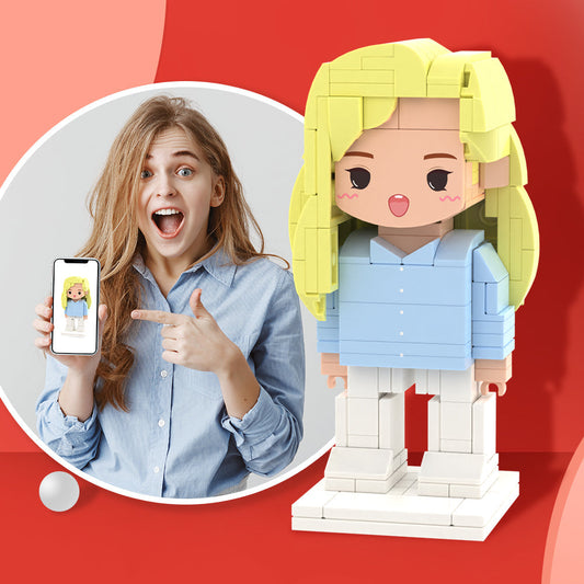 Custom full‑body brick figure of one person made from small particle blocks, personalised from a front‑facing photo — captures hairstyle, expression and clothing; bespoke photo‑to‑block toy gift
