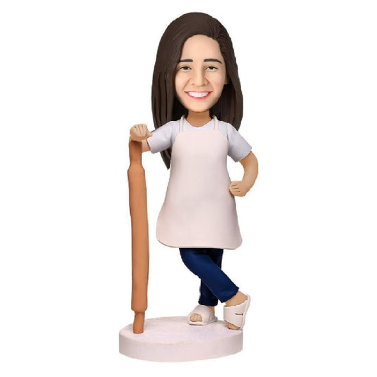 Personalised female pastry chef bobblehead with custom face and engraved text, handcrafted polymer clay figurine gift for bakers — ideal personalised present for women in the UK and Australia