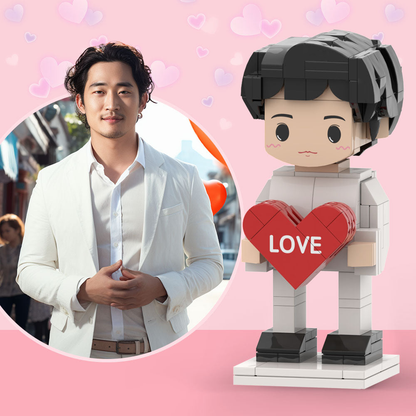 Personalised full-body custom brick figure for one person holding a fixed heart – bespoke photo minifigure in eco-friendly ABS with customised hair, face and outfit