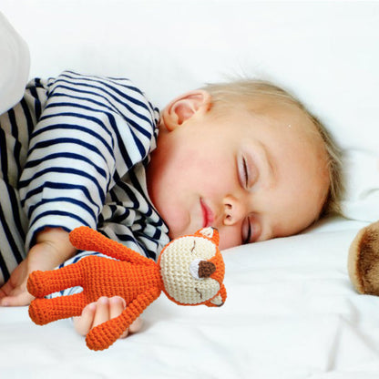 Handmade knitted animal wooden baby rattle with crocheted cotton head and natural wooden ring – soft sensory toy for newborns and infants
