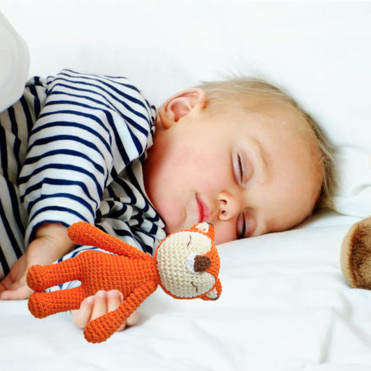 Handmade knitted animal wooden baby rattle with crocheted cotton head and natural wooden ring – soft sensory toy for newborns and infants