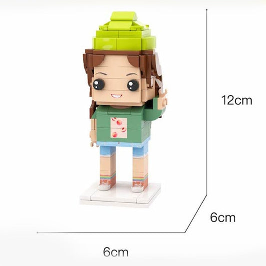Personalised full‑body custom brick figure front view showing hairstyle, clothing and pose — small particle block toy, gift for her