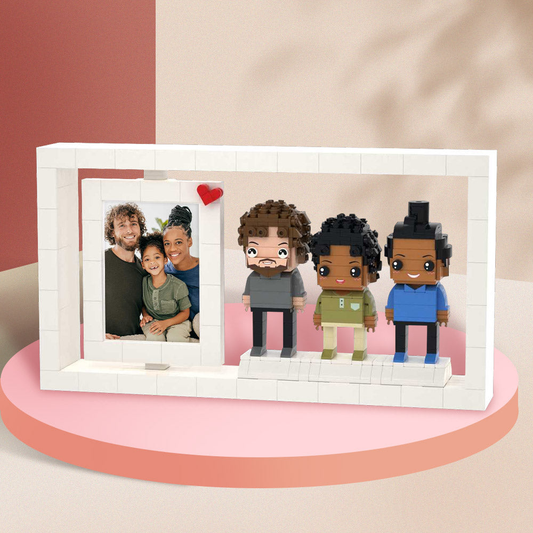 Custom Brick Figures Photo Frame with three personalised brick people in a 35.2 x 19.2cm display — unique personalised 3‑person gift